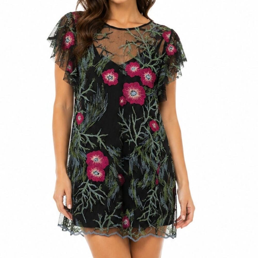 Free Generation LA Black Floral Embroidered Mesh Mini Dress Womens M NWT